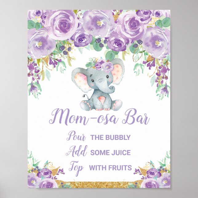 Poster Símbolo Chá de fraldas de Elefante Floral Roxo Mom (Frente)