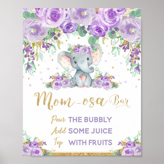 Poster Símbolo Chá de fraldas de Elefante Floral Roxo Mom (Frente)