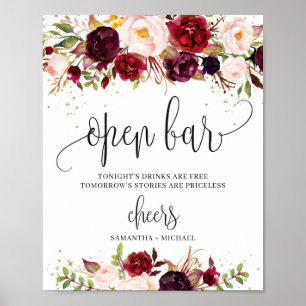 Poster Símbolo de bar aberto de ouro floral de Borgonha