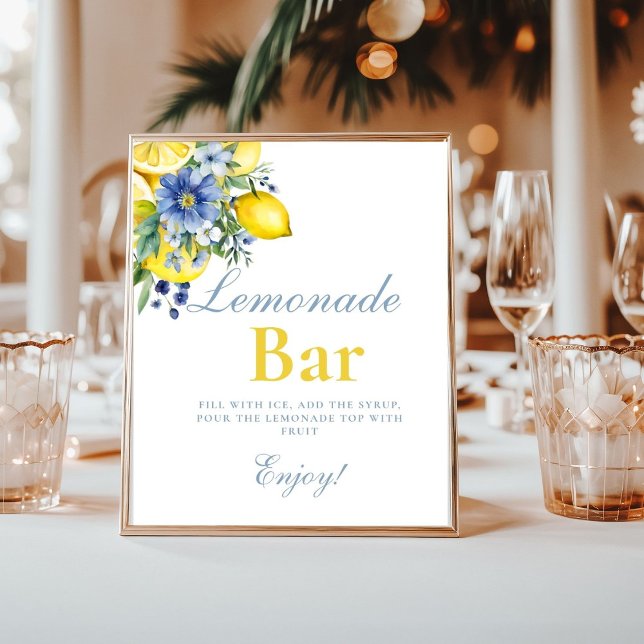 Poster Símbolo de Bar de Lemon Blue Floral Citrus Lemonad (Criador carregado)