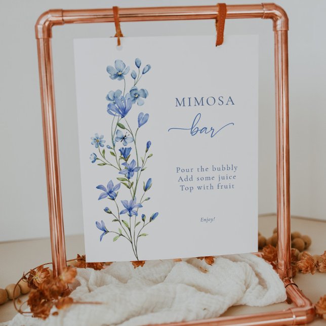 Poster Símbolo de Bar Mimosa Floral Bridal Azul Elegante (Criador carregado)