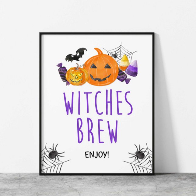 Poster Símbolo de Bebida do Halloween das Bruxas (Witches Brew Halloween Party Drink Sign, Purple and Orange Spooky Sign)