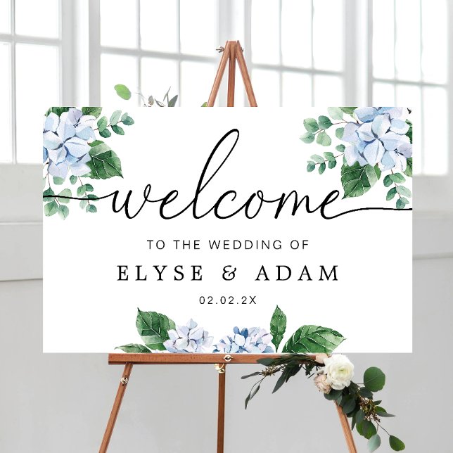 Poster Símbolo de Boas-vindas do Casamento Floral de Hydr (Ferras Blue Hydrangea Wedding Welcome Sign )