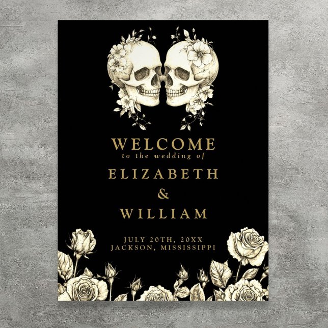 Poster Símbolo de Boas-Vindas do Casamento Gótico Preto E (Black And Gold Gothic Skulls Wedding Welcome Sign)