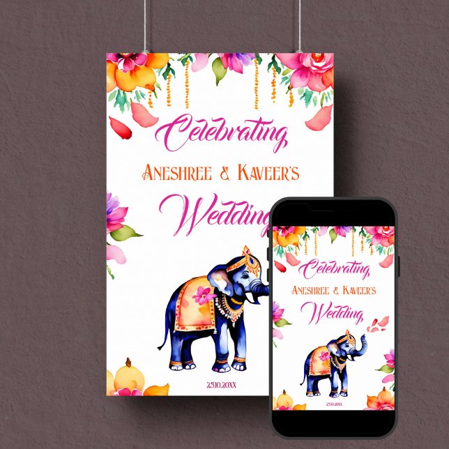 Poster Símbolo de boas-vindas do ornamentado de casamento (Indian wedding elephant welcome sign poster instant download cerise flowers ornate elephant)