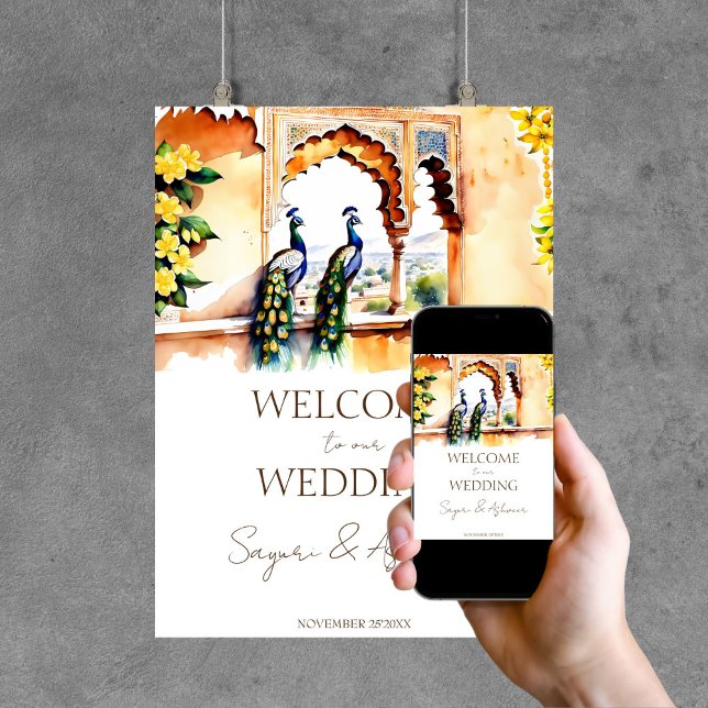 Poster Símbolo de boas-vindas do palácio Jaipur, no pavão (Indian wedding peacocks at  Jaipur palace customized welcome sign template poster instant download)