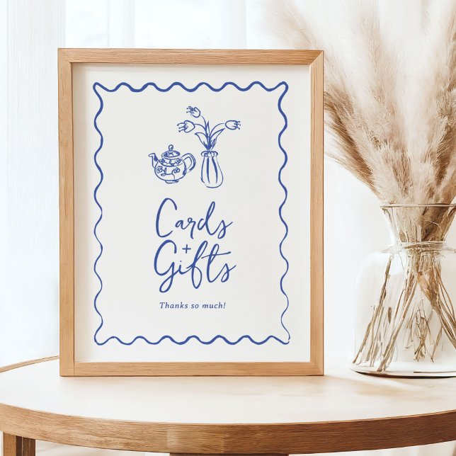 Poster Símbolo de Cartões e Presentes Scribble Whimsical (Cards & Gifts sign with whimsical doodles in blue and white.)