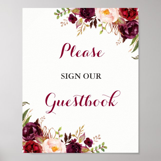 Póster Símbolo de Casamento de Guestbook Floral Burgundy (Frente)