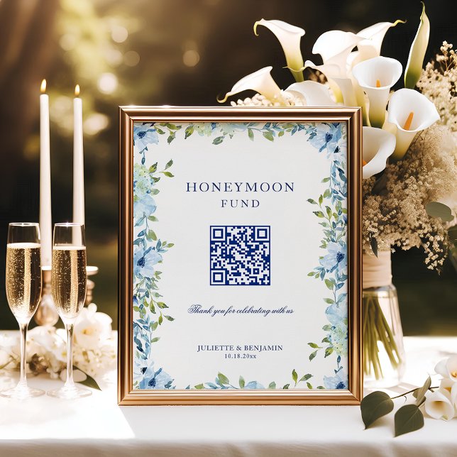 Poster Símbolo de Casamento do Código QR da lua de mel az (Dusty blue, floral Honeymoon Fund wedding sign to ask for cash gifts with tact)