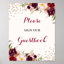 Poster Símbolo de Casamento Floral de Guestbook Burgundy 