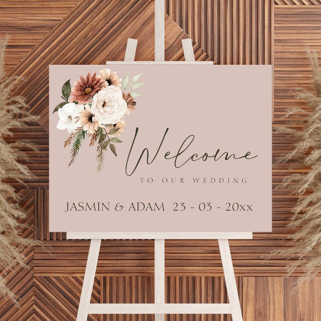 Poster Símbolo de Casamento Floral Moderno, Dourado e Ver (Rustic Dusty Pink and Green Floral Wedding Sign)