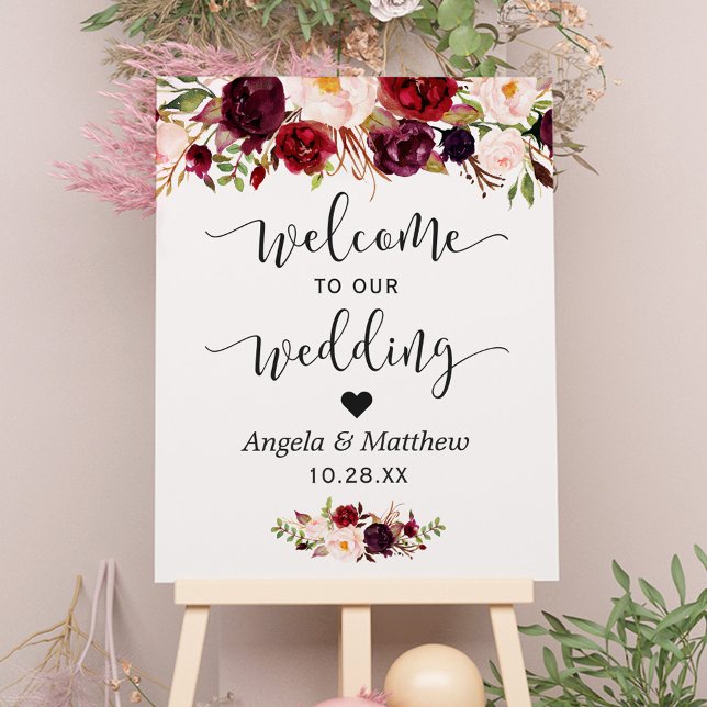 Póster Símbolo de Casamento Rustic Burgundy Red Floral (Criador carregado)