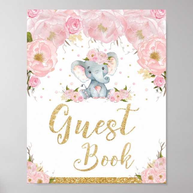 Poster Símbolo de Chá de fraldas de Elefante Floral Rosa- (Frente)