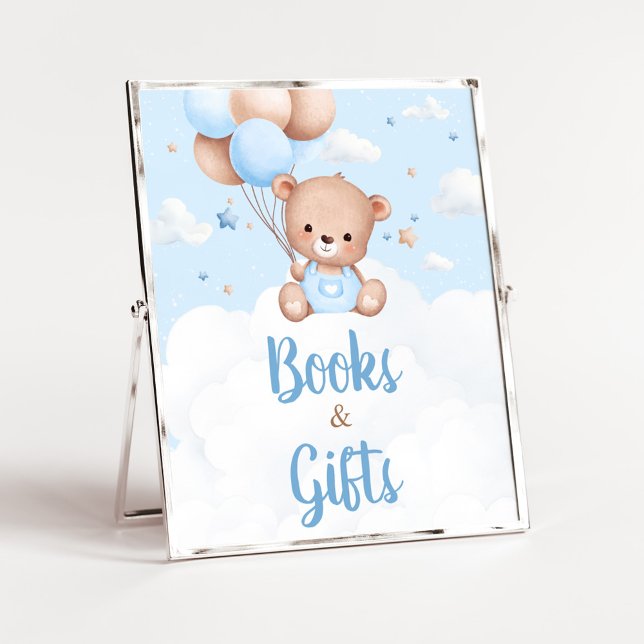 Poster Símbolo de Chá de fraldas do Urso Azul e Presente (Blue Boy Teddy Bear Clouds Balloon Baby Shower Sign)