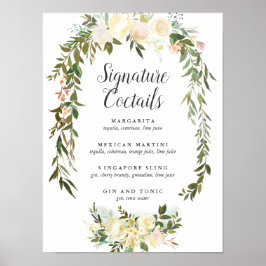 Poster Símbolo de coquetel da assinatura floral de creme 
