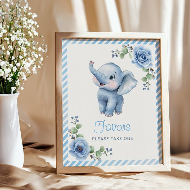 Poster Símbolo de Favor do Chá de fraldas Elefante Azul - (Favors Baby Shower Sign)