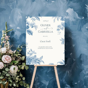 Poster Símbolo de Guestbook de Casamento Floral Azul Fran