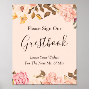 Poster Símbolo de Guestbook de Casamento Floral Dourado B