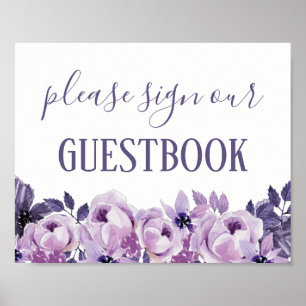 Póster Símbolo de Guestbook de Casamento Floral Purple Wa