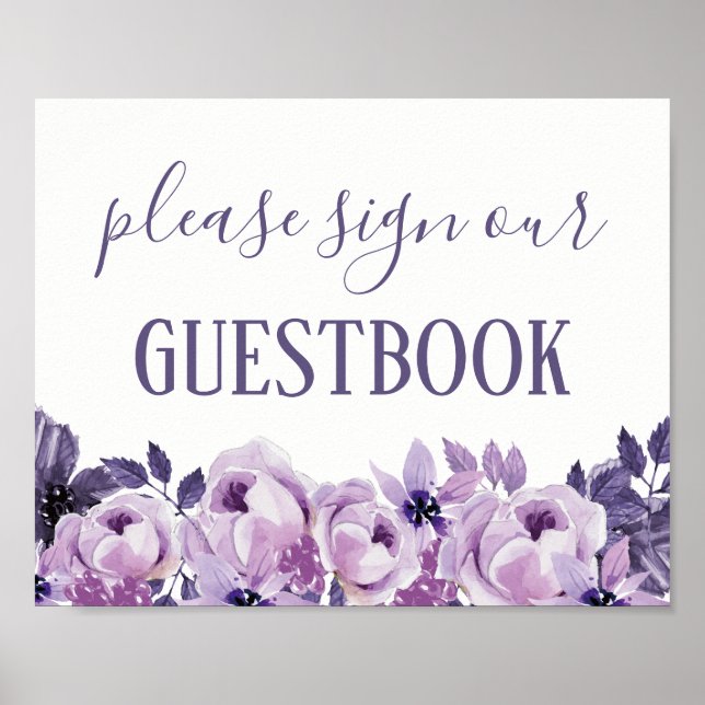 Póster Símbolo de Guestbook de Casamento Floral Purple Wa (Frente)