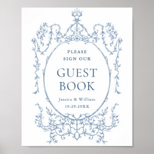 Poster Símbolo de Guestbook Floral Azul Dusty Ornamentado