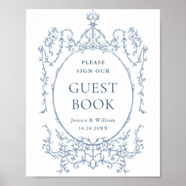 Poster Símbolo de Guestbook Floral Azul Dusty Ornamentado (Frente)