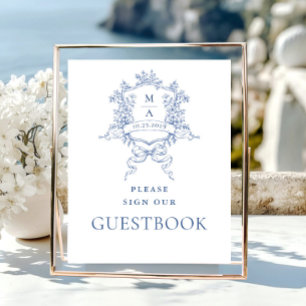 Poster Símbolo de Guestbook Floral Azul Dusty Ornamentado