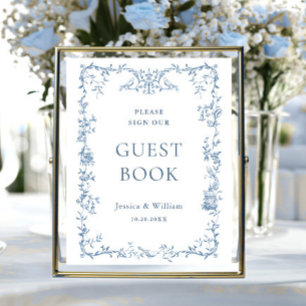 Poster Símbolo de Guestbook Floral Azul Dusty Ornamentado