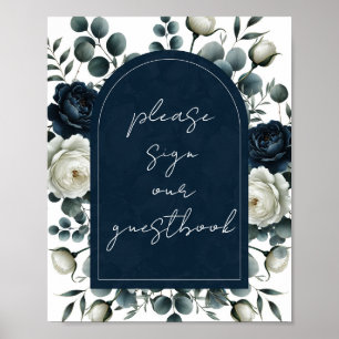 Poster Símbolo de Guestbook Floral Moderno Azul e Branco