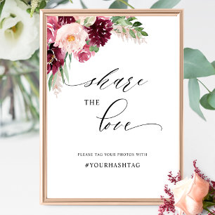 Poster Símbolo de Hashtag Floral Rosa-Blush da Borgonha E