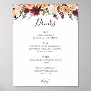 Poster Símbolo de Menu Burgundy Orange Floral Wedds