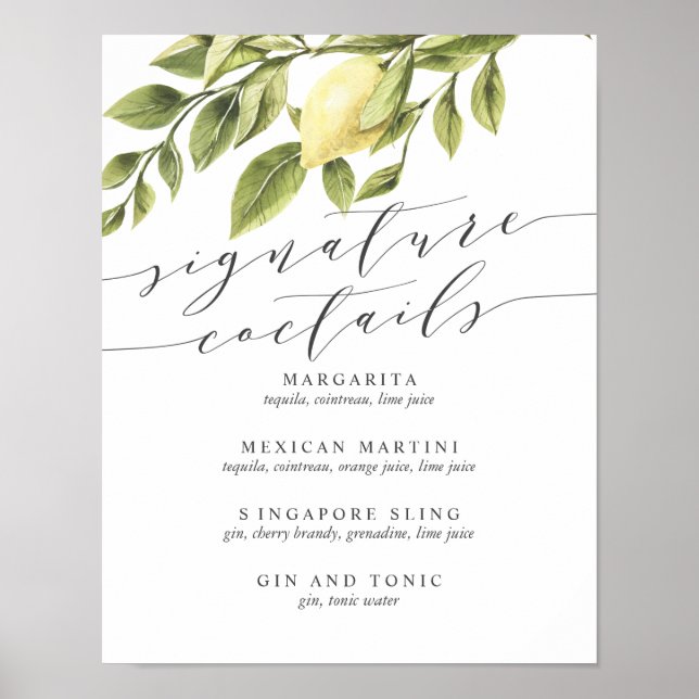 Poster Símbolo de menu Cocktail de limões e folhas (Frente)