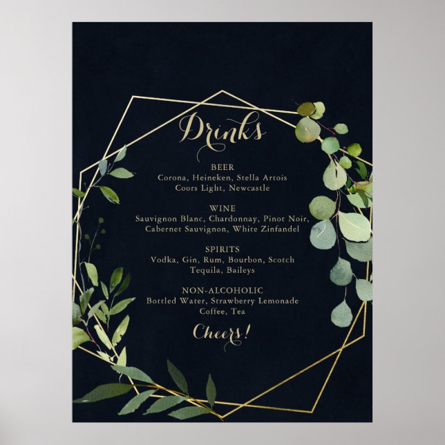 Poster Símbolo de Menu de Bebidas Verdes Douradas Geométr (Frente)