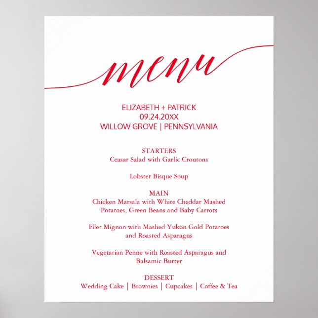 Poster Símbolo de Menu de Casamento da Caligrafia Vermelh (Frente)
