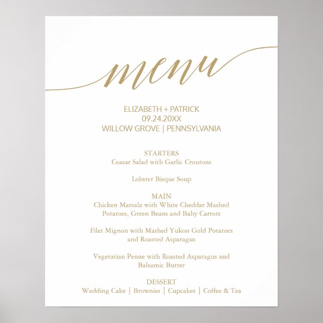Poster Símbolo de Menu de Casamento de Caligrafia Dourada (Frente)