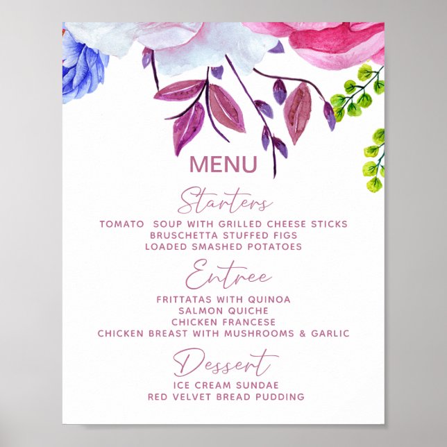 Poster Símbolo de Mesa do Menu Floral Romântico de Casame (Frente)