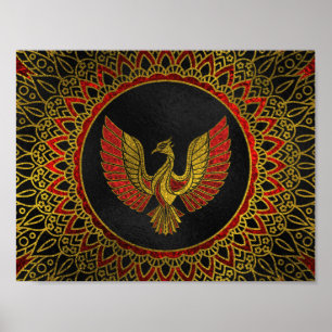Póster Símbolo de pássaro Phoenix Dourado e vermelho deco