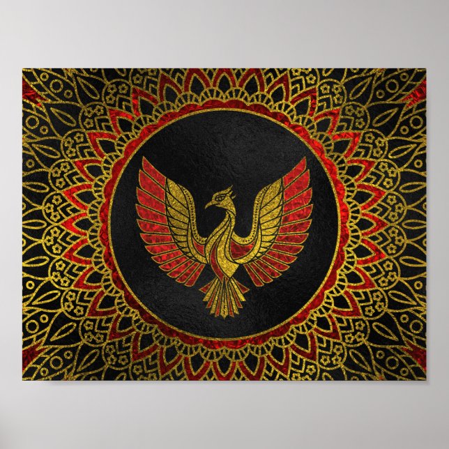 Póster Símbolo de pássaro Phoenix Dourado e vermelho deco (Frente)