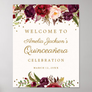 Poster Símbolo de Quinceanera Floral Confetti Dourado Bur