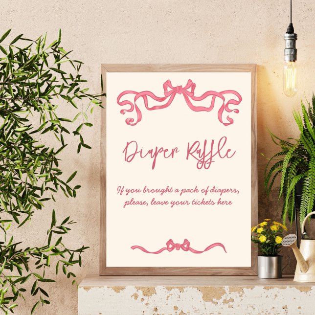 Poster Símbolo de rampa do chá de fraldas do esboço de fi (Pink ribbon vintage bow sketch baby shower diaper raffle table sign personalized decor)