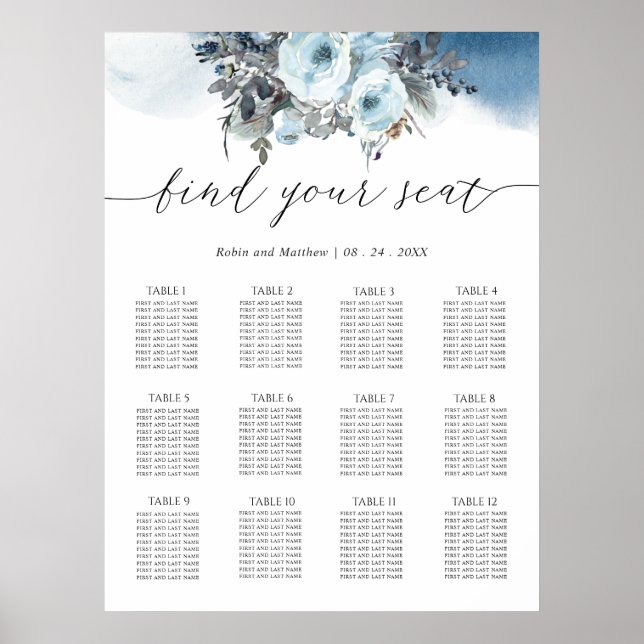 Poster Símbolo de Sessão Floral de Casamento Azul Elegant (Frente)