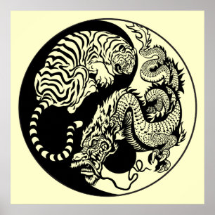 Póster símbolo de yang do yin do dragão e do tigre