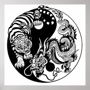Poster símbolo do dragão e tigre yin yang