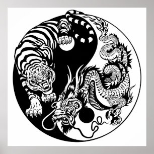 Póster símbolo do dragão e tigre yin yang