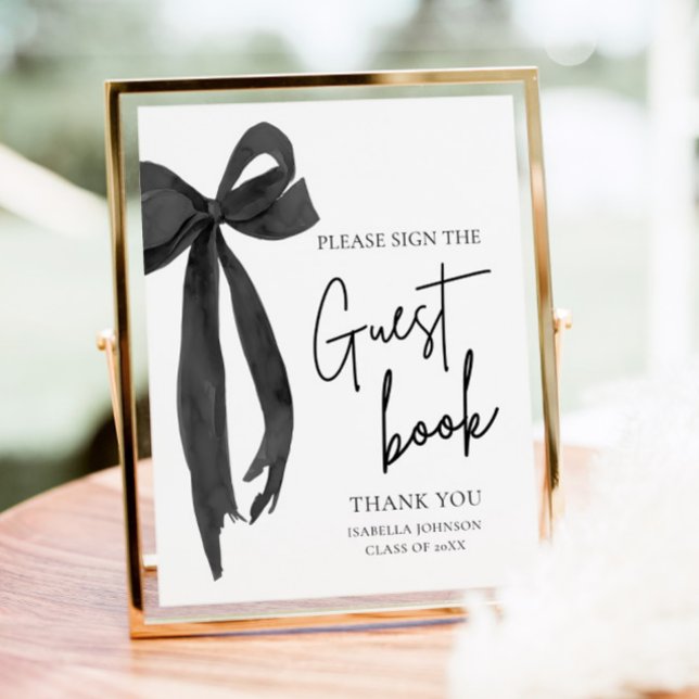 Poster Símbolo do Livro de Convidados da Festa de formatu (Modern Coquette Black Bow Graduation Party Graduate High School Guest Book Sign)