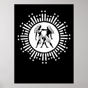 Poster Símbolo do Zodíaco de Gêmeos com Estrelas Preto e 