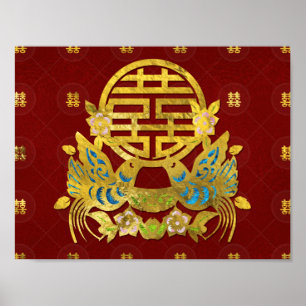 Póster Símbolo Dourado de dupla felicidade com pássaros