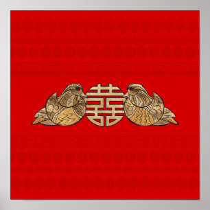 Poster Símbolo Dourado de Felicidade Dupla com Patos Mand