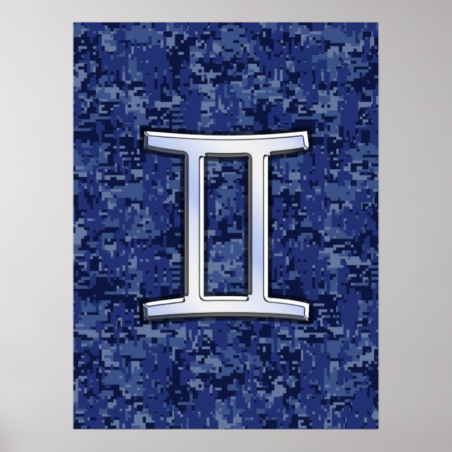 Poster Símbolo Gemini Zodiac Camuflagem Digital Azul (Frente)