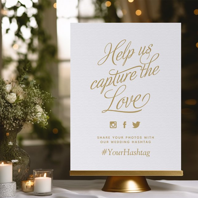 Póster Símbolo Hashtag de Casamento Personalizado Dourado (Criador carregado)